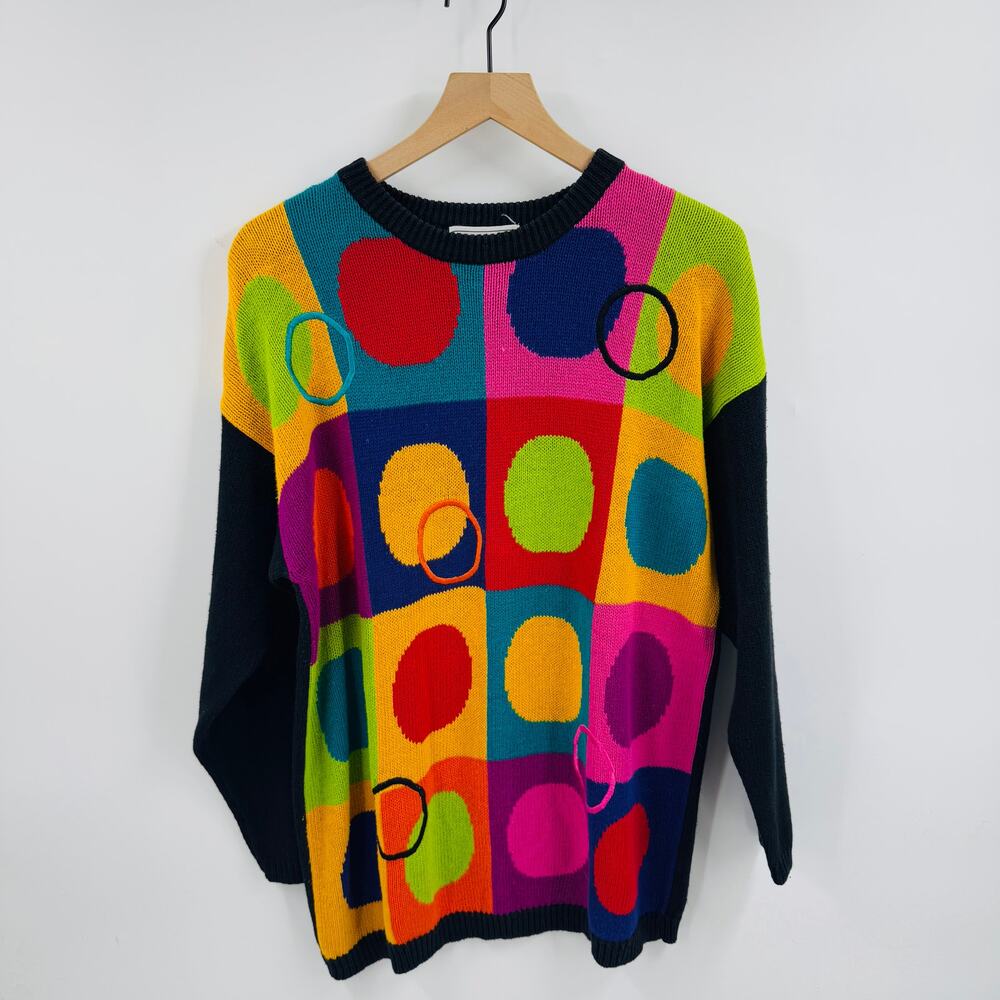 Vintage 1992 Santoria Colorblock Polka Dot Sweater Ramie Cotton Knit Size‎ Large